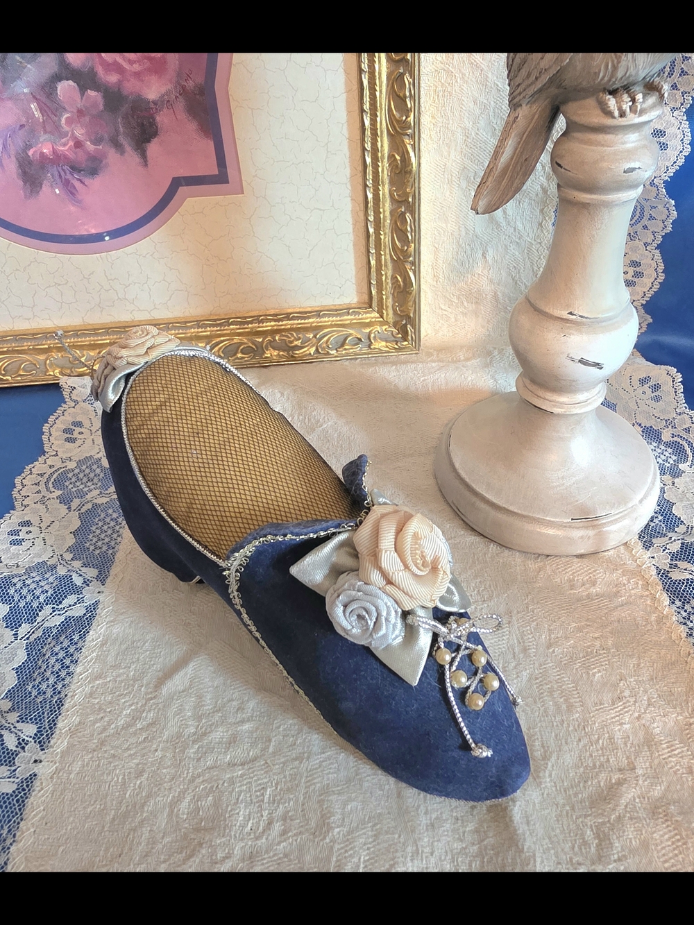 Vintage-Inspired 1980 Navy Velvet Victorian Shoe Pin Cushion